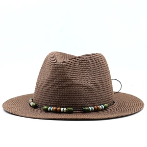 Men's dark brown Panama straw hat with colorful ethnic beads for beach sun protection