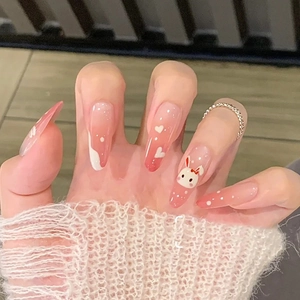 Pink White Gradient Press On Nails Glossy Almond False Nails With Cartoon Rabbit Heart Pattern Cute Sweet Style For Women