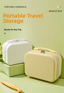 Detail view of portable 14-inch hardshell makeup cases with handles and zippers
