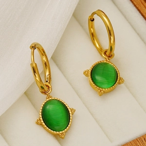 Vintage Oval Green Cat Eye Stone Pendant Hoop Earrings For Women 18K Gold Plated Stainless Steel Elegant Jewelry