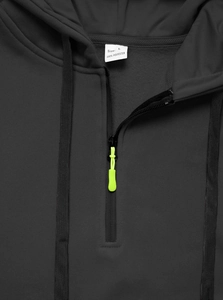 Macro shot of fleece-lined hoodie zipper and collar with high-vis yellow puller