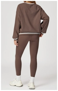 Back view of a brown long-sleeved sweatshirt and leggings set with white stripe details