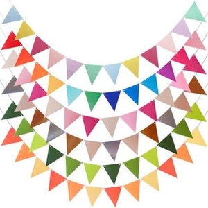 Colorful triangular bunting flags for birthday parties shown in multiple curved rows