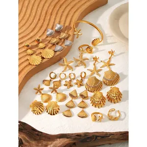 Ocean Theme Starfish Shell Jewelry 18K Gold Plated Stainless Steel Earrings Ring Bangle Trendy Fashion Accessories