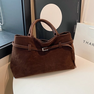 Vintage Suede Texture Tote Bag Large Capacity Handbag With Belt Buckle Decor Retro Minimalist Shoulder Bag For Women