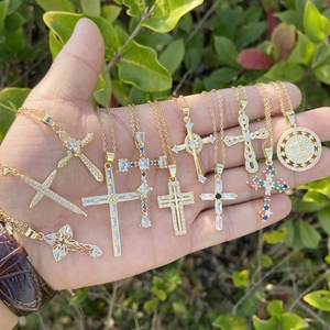Cross Pendant Necklace Copper Zirconia 18K Gold Plated Hip Hop Religious Jewelry For Women Men Stylish