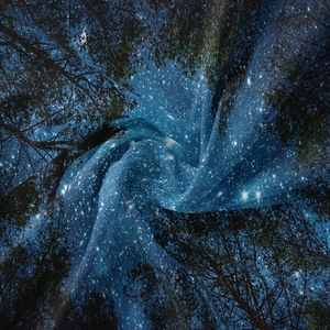 Dettaglio del tessuto dell'arazzo foresta stellata che mostra la morbida trama in poliestere