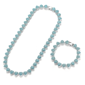 Sparkling 10mm full crystal heart Cuban chain jewelry set in bright blue and silver