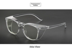 Detail view of transparent protective eyewear with integrated side shields and clear frame