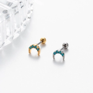 Surgical steel crescent moon cartilage earrings with blue turquoise stones and screw ball back