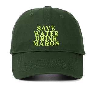 Close-up of Save Water Drink Margs neon yellow embroidery on a green cotton baseball cap