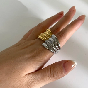 Modern statement multi-layer two-tone 18K gold plated ribbed ring for women worn on finger