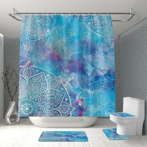 Blue and purple mandala boho shower curtain with matching non-slip bath mat four-piece set