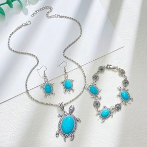 Vintage silver turtle jewelry set with turquoise necklace, earrings and bracelet