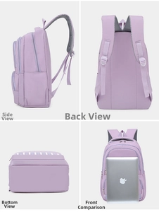 Detail of light purple waterproof nylon backpack with multiple compartments for 15.6 inch laptop