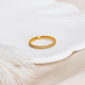 Minimalist gold-plated titanium steel ring with micro-paved sparkling zircon stones