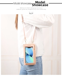 Pink crossbody phone bag with a transparent touchscreen window and adjustable shoulder strap