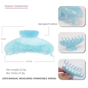 Blue acrylic hair claw clip 10cm large size with dimensions and weight info on white background