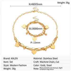 Detailed specs of double-layered heart chain jewelry set in gold and steel finish