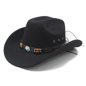 Chapeau De Cow-Boy Western En Feutre De Laine Avec Décoration En Turquoise Et Perles De Bois Style Rétro Ethnique