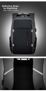 Detail of laptop backpack showing USB charging port and high-visibility reflective strips