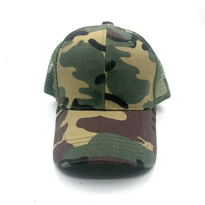 Kids woodland camouflage trucker hat with breathable mesh back for outdoor sun protection