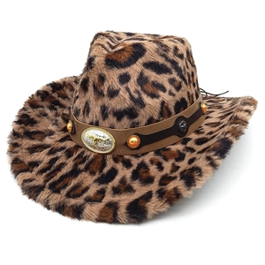 Chapeau De Cowboy Occidental En Fausse Fourrure Imprimé Léopard Avec Boucle Tête De Taureau Style Rétro Pour Femmes