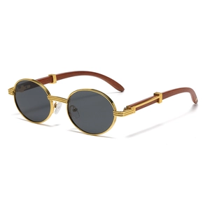 Gafas de sol ovaladas retro con patillas de grano de madera y montura dorada