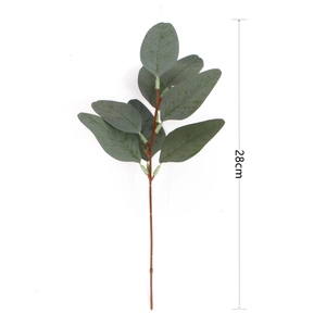 Detail of grey-green artificial eucalyptus leaves with fine veins and a red-brown stem