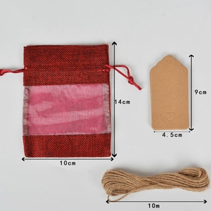 Red linen gift bag set with translucent window, heart kraft tags and 10m hemp rope
