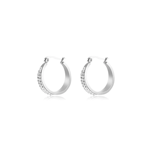 Close-up of silver stainless steel hoop earrings with double-row sparkling rhinestones