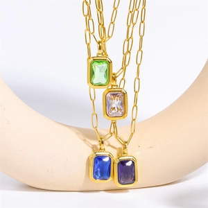 Rectangle zircon crystal pendant necklaces with golden paperclip link chains for women