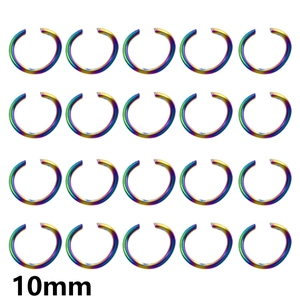 Macro shot of 20 pieces of 10mm rainbow stainless steel open jump rings in a grid layout