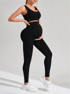 Nahtloses Schwangerschafts-Yoga-Set mit High-Waist-Leggings und Sport-BH in Schwarz