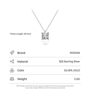 S925 Sterling Silver Square Zircon Necklace with adjustable chain length and 0.7cm pendant