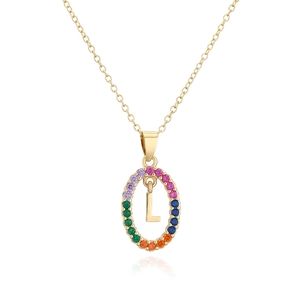 Detail of gold letter L necklace pendant with colorful zircon stones on white background