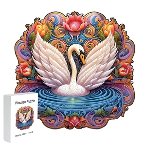 Detailed view of swan and floral wooden puzzle with small size packaging box