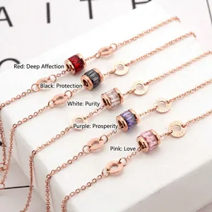 Rose Gold Titanium Steel Bracelet Women Roman Numeral Rings Faceted Crystal Cylinder Charm Adjustable Jewelry