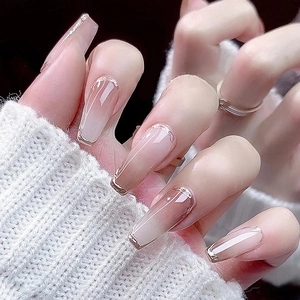 Mocha Coffee Gradient Press On Nails Long Coffin Ballerina Fake Nails Gold Foil Edge Rhinestone Elegant Nail Art