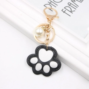 Cat Paw Keychain PU Leather Padded Bag Charm With Gold Alloy Ring Imitation Artificial Pearl Rhinestone Kawaii Gift For Women Girls