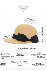 Detailed size chart for wool newsboy hat with bow and specifications in khaki color