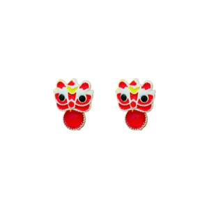 Traditional Chinese festive lion dance earrings with red beads and enamel finish