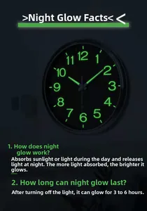 Luminous wall clock display showing glow-in-the-dark green numbers and hands for 3-6 hours