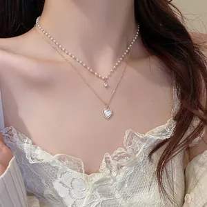 Double Layer Necklace Copper Heart Mother Of Artificial Pearl Shell Pendant Imitation Artificial Pearl Zircon French Elegant Jewelry For Women