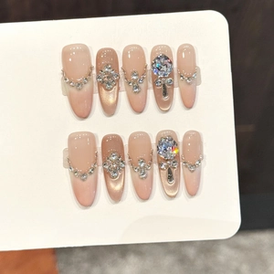 Handmade Press On Nails Long Almond Rhinestone Gradient Nude Pink Luxury French Style Elegant Fashionable