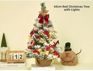 Detailed 60cm snow-flocked Christmas tree with red bows and warm LED lighting