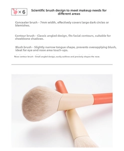 Detail of makeup brushes with orange handles and cream bristles for concealer and contour