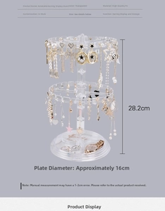 Macro detail of a 28.2cm rotating jewelry stand in clear PS material for earrings and bracelets