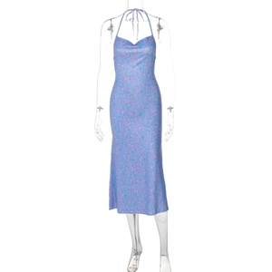 Detailed view of sky blue floral dress featuring a halter neck and draped cowl neckline