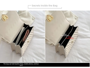 Detail of heart-shaped gold lock and interior capacity of cream pleated crossbody bag